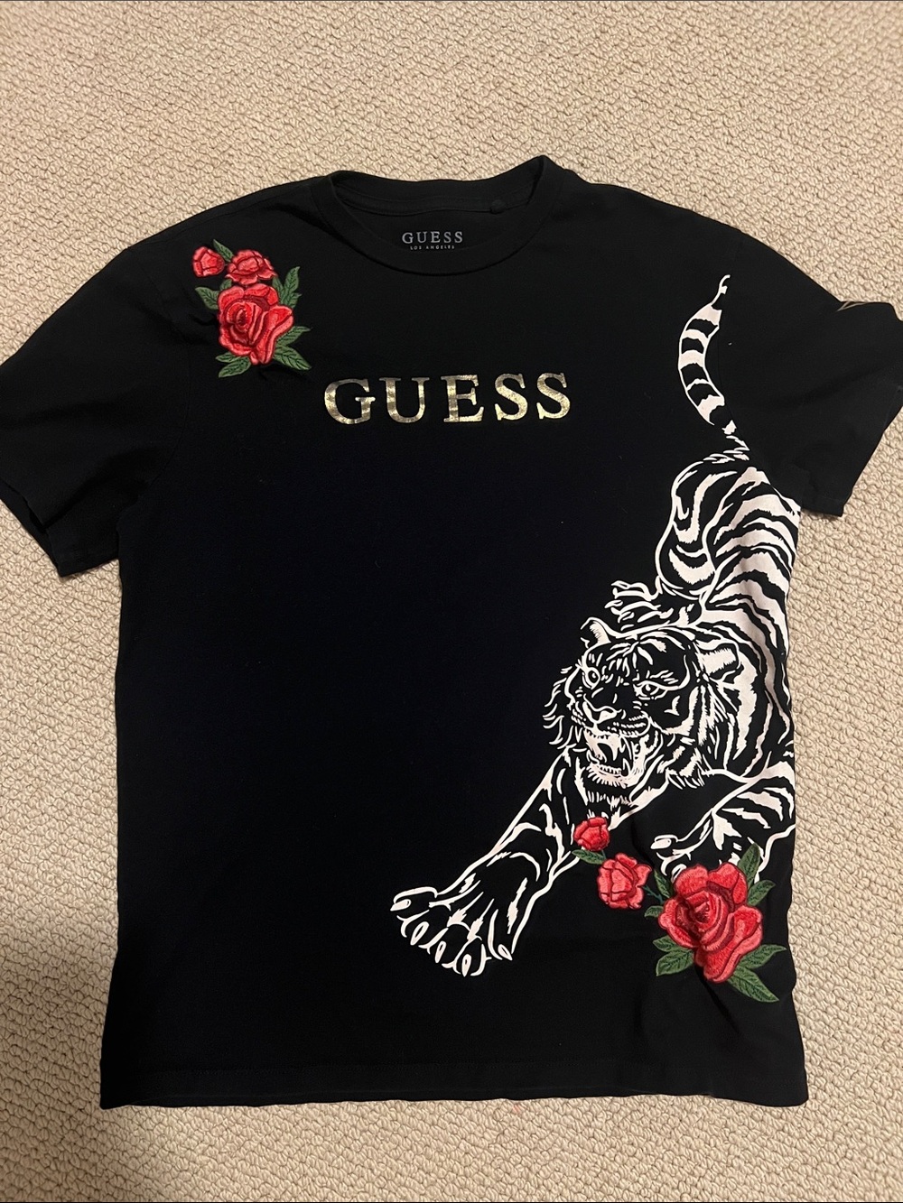 GUESS Black Tee with Gold Logo, White Tiger & Red Rose Embroidery